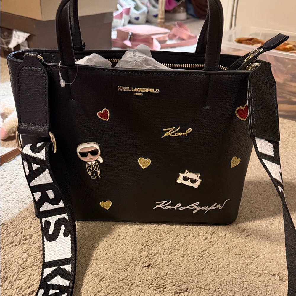 Karl Lagerfeld Black Shoulder Bag with Gold Accents